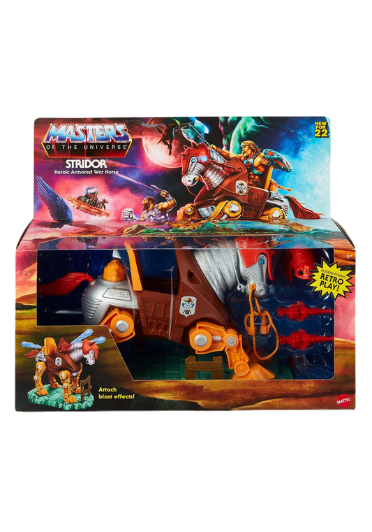 Masters of the Universe Origins Stridor Action Figure, 7 in Tall Robot Horse with Projectile Launcher, 3 Plasma Blasts, Helmet & Bridle with Cord